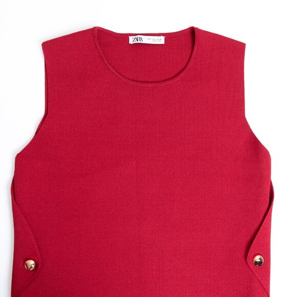 Zara Red Knit Vest Sleeveless Top Gold Side Buttons Large NEW - Picture 7 of 13